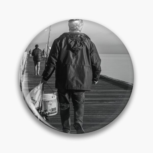Item preview, Fisherman walking along a wooden pier on a calm sea with fishing rods and bucket in Frankston Victoria Australia Black and white designed and sold by James-Cole.