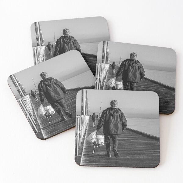 Item preview, Fisherman walking along a wooden pier on a calm sea with fishing rods and bucket in Frankston Victoria Australia Black and white designed and sold by James-Cole.