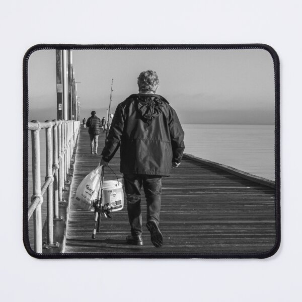 Item preview, Fisherman walking along a wooden pier on a calm sea with fishing rods and bucket in Frankston Victoria Australia Black and white designed and sold by James-Cole.