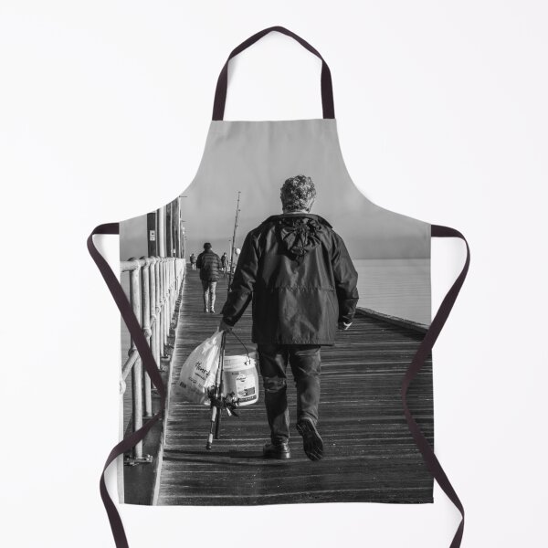 Item preview, Fisherman walking along a wooden pier on a calm sea with fishing rods and bucket in Frankston Victoria Australia Black and white designed and sold by James-Cole.