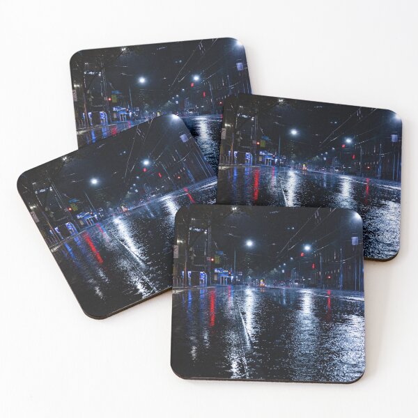 Item preview, An empty rainy city street at night with lights reflecting in puddles in Melbourne designed and sold by James-Cole.