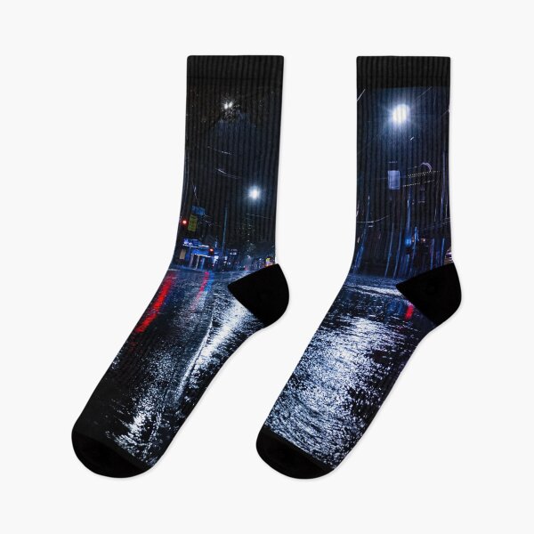 Item preview, An empty rainy city street at night with lights reflecting in puddles in Melbourne designed and sold by James-Cole.