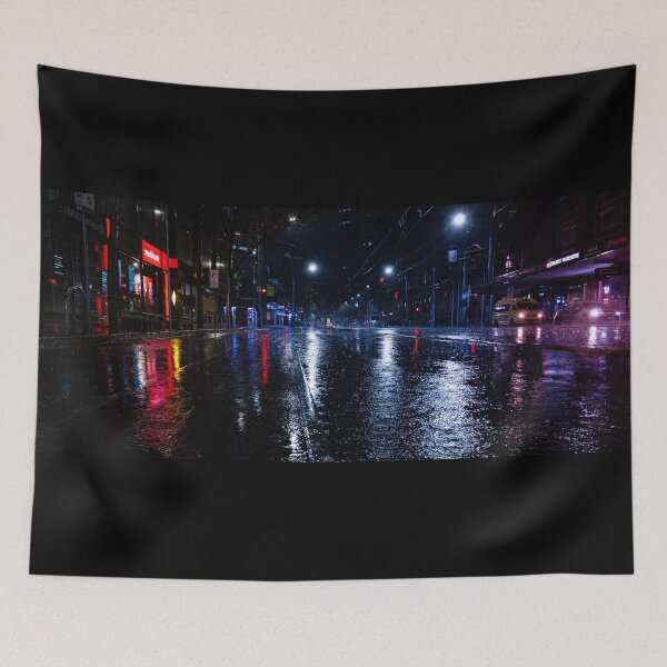 Item preview, An empty rainy city street at night with lights reflecting in puddles in Melbourne designed and sold by James-Cole.