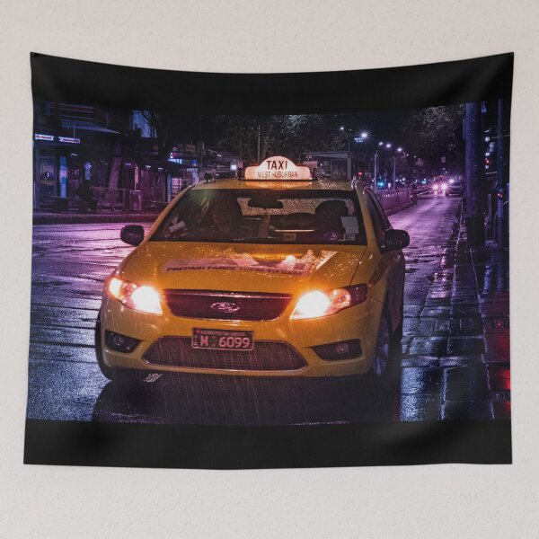Item preview, A Melbourne City yellow taxi cab on a rainy night with wet streets and light glows designed and sold by James-Cole.