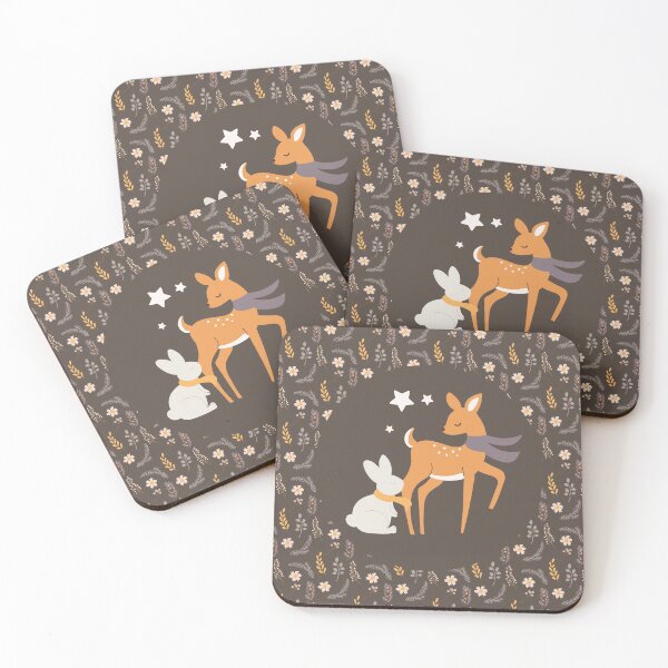 Item preview, Autumn friends - bunny and deer with brown floral pattern designed and sold by FunnyChameleon.