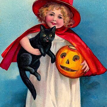 Vintage unused 1910's die cut Halloween place card little girl hot dressed in witches cape holds broom and jack o’lantern next to black cat