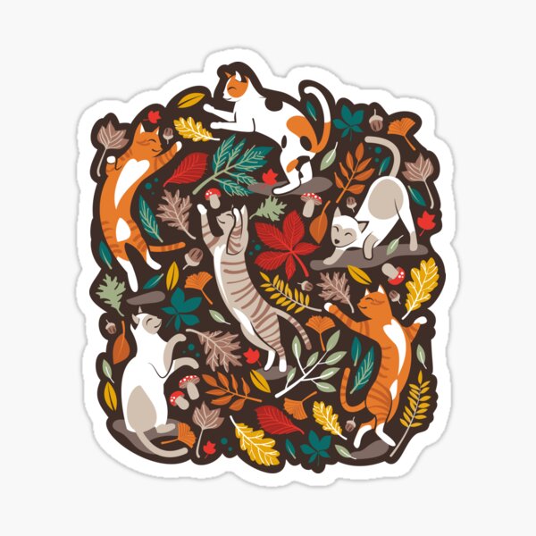 Item preview, Autumn joy // brown oak background cats dancing with many leaves in fall colors designed and sold by SelmaCardoso.