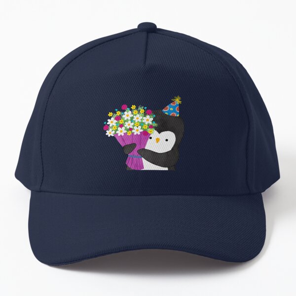 Birthday Penguin with Flowers Baseball Cap