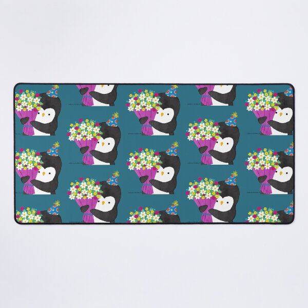 Birthday Penguin with Flowers Desk Mat