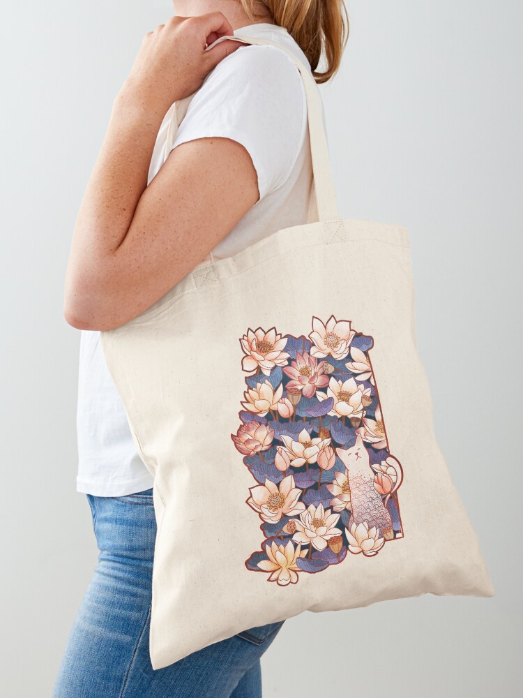 lotus pond black tote bag | white design