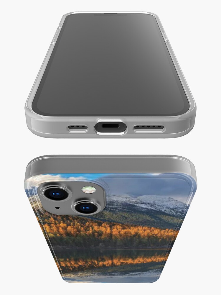 Alternate view of Mountain Peaks Reflect Into Bowman Lake In Autumn Glacier National Park iPhone Case
