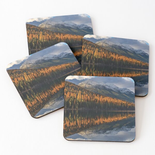 Mountain Peaks Reflect Into Bowman Lake In Autumn Glacier National Park Coasters (Set of 4)