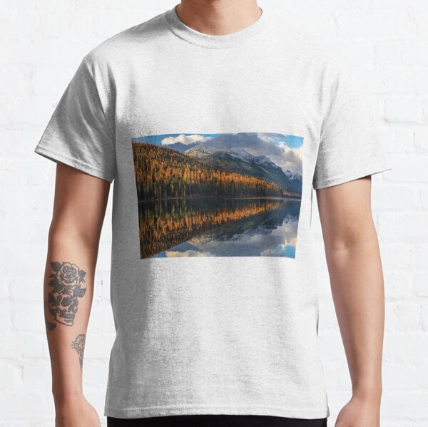 Mountain Peaks Reflect Into Bowman Lake In Autumn Glacier National Park Classic T-Shirt