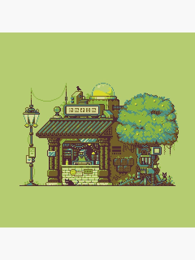 Beautiful pixel art of a cyberpunk coffeeshop in the rain