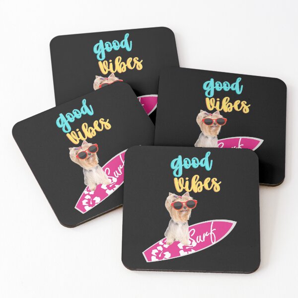 Item preview, Good Vibes, Dog on surfboard, Yorkie Yorkshire Terrier on sufboard, surfing dog designed and sold by 732Studio.