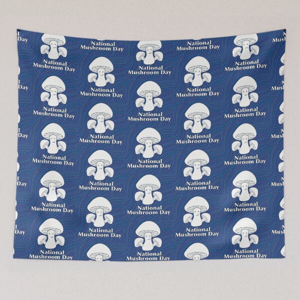 Item preview, National Mushroom Day - blue background white letters smirk designed and sold by FlorenciaBliss.