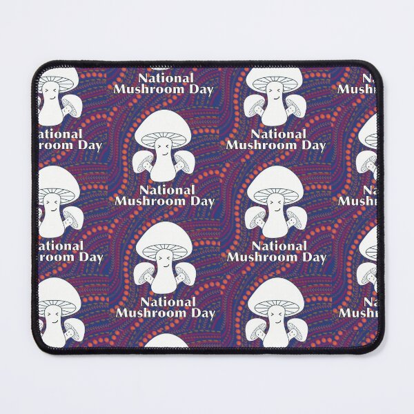 Item preview, National Mushroom Day - blue orange background white letters smirk designed and sold by FlorenciaBliss.