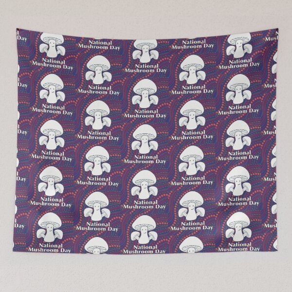 Item preview, National Mushroom Day - blue orange background white letters smirk designed and sold by FlorenciaBliss.