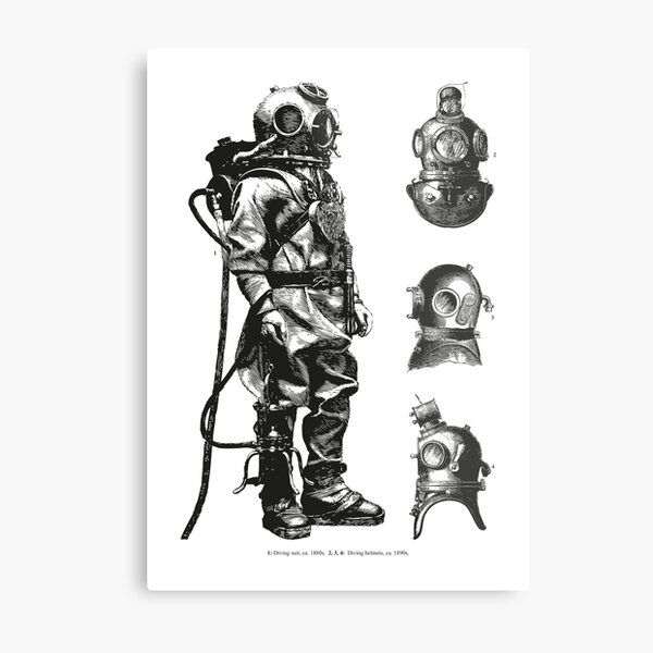 Vintage Deep Sea Diver | Nautical | Black and White | Metal Print