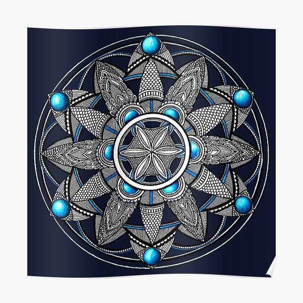 'Sacred Geometry' Mandala with Blue Gemstones Poster