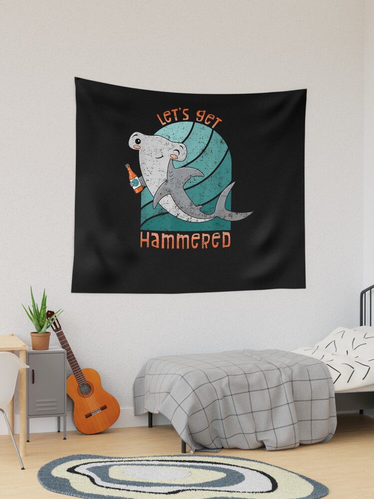 Funny Hammerhead Shark Lets Get Hammered Drinking Tapestry