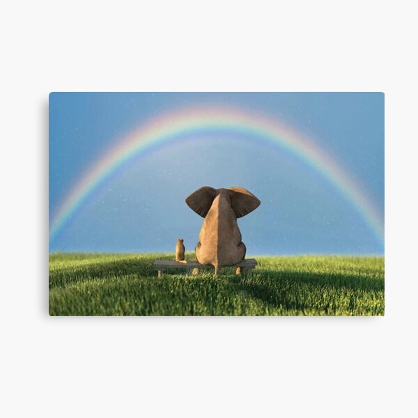 Elephant And Dog Sitting Under The Rainbow On A Green Grass Field Canvas Print