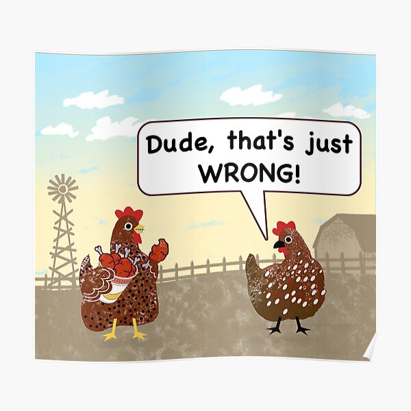 "Funny cartoon chicken cannibalism chicken eats a bucket of fried drumsticks while being