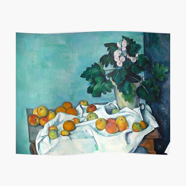 Vintage Art - Still Life with Apples and a Pot of Primroses | Paul Cézanne French (Color Remastered) Poster