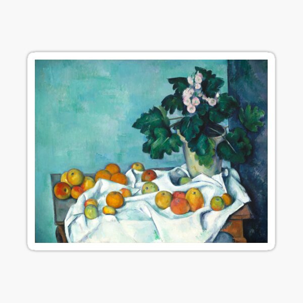 Arte vintage - Naturaleza muerta con manzanas y una olla de prímulas | Paul Cézanne French (Color Remastered) Pegatina