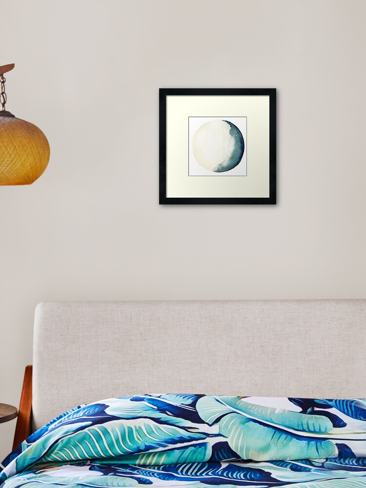 Moon Navy Blue Turquoise Illustration Watercolor Painting Poster Framed Art Print