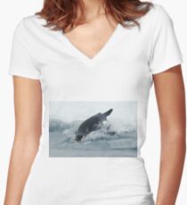 Diving Emperor Penguin Women's Fitted V-Neck T-Shirt