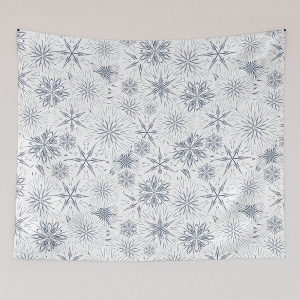Item preview, Dusty Blue Snow and Stars on White  / Payne’s Grey Mandala Geometric Pattern on White Background designed and sold by wild.geranium.design.