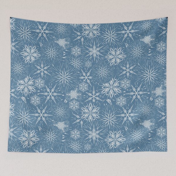 Item preview, Snow and Stars on Cool Blue / Mandala Geometric Pattern on Dusty Blue Background designed and sold by wild.geranium.design.
