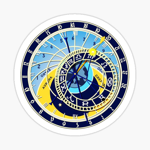 Astronomical, Clock, Prague, Orloj, Czech, on BLACK. Sticker