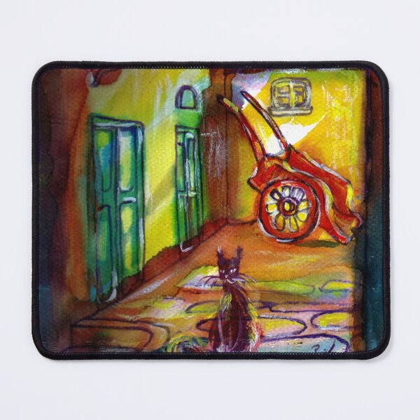 Item preview, MEDIEVAL ALLEY BY NIGHT IN FLORENCE WITH BLACK CAT AND RED WHEELBARROW designed and sold by BulganLumini.