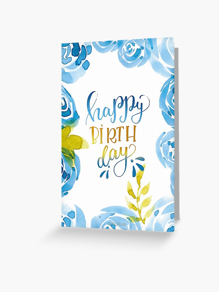 Carte De Vœux Joyeux Anniversaire Aquarelle Fleur Bleue Par Farbcafe Redbubble