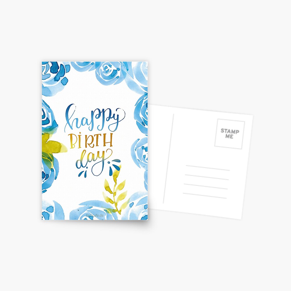 Carte Postale Joyeux Anniversaire Aquarelle Fleur Bleue Par Farbcafe Redbubble