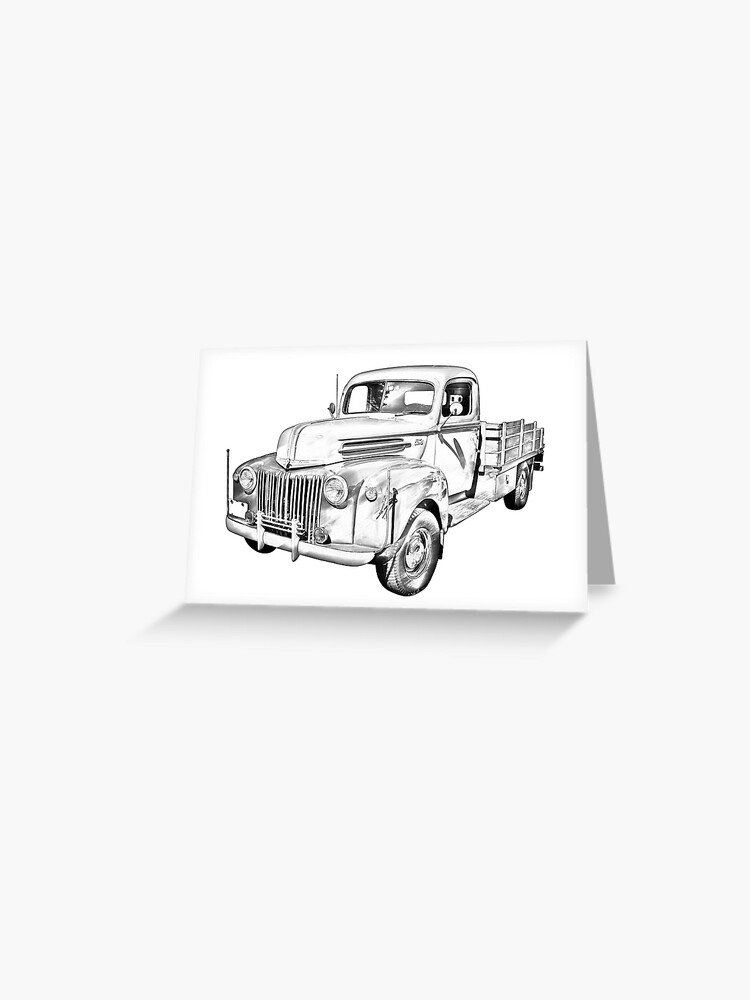 Old Flat Bed Ford Work Truck Illustration Greeting Card