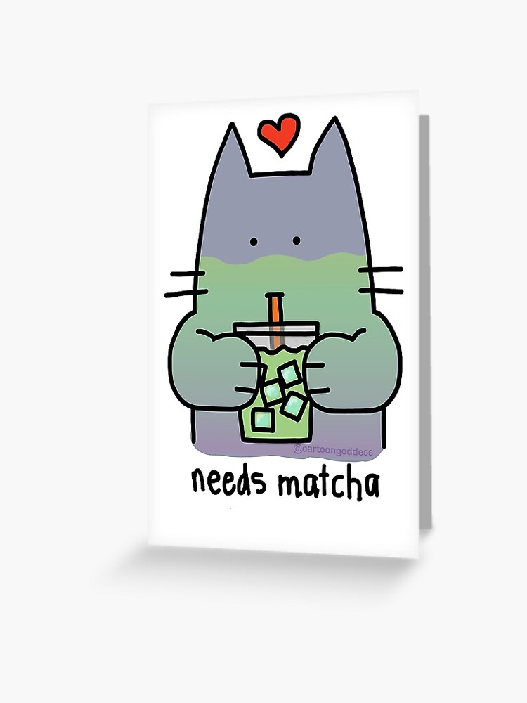 Thumbnail 1 of 2, Greeting Card, Iced Matcha Cat designed and sold by cartoongoddess.