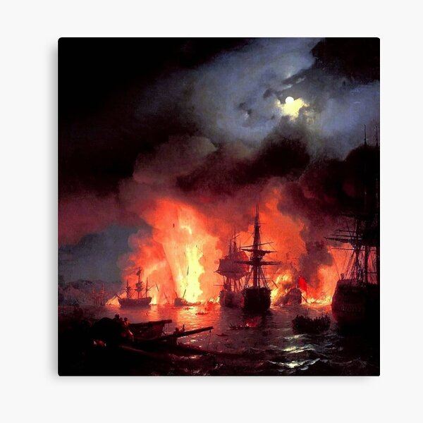 Battle of Chesme at Night, 1848. Painted by Ivan Aivazovsky Canvas Print
