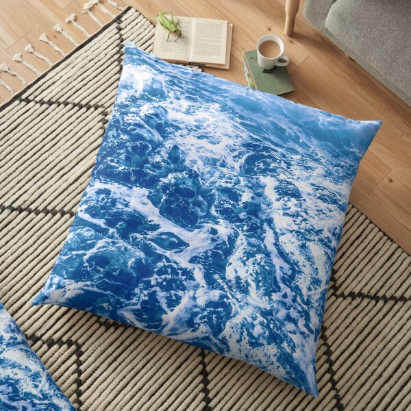 Blue Monochrome Sea Shore, Cliff Rocks and Sea Waves Floor Pillow