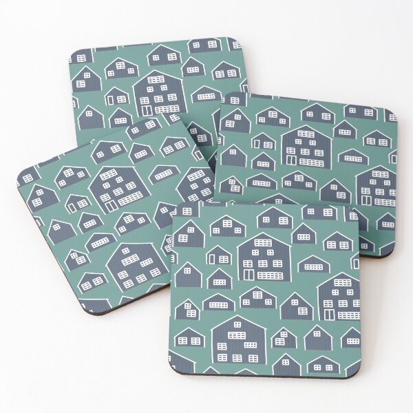 Item preview, Blue green Cartoon wooden houses seamless pattern. Vector illustration of European cute buildings designed and sold by essskina.