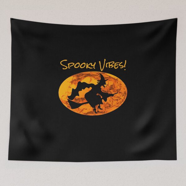 Item preview, Spooky Vibes! With Picture of a Witch Riding a Broomstick Against a Pumpkin Sky Background designed and sold by FoxyParrot.