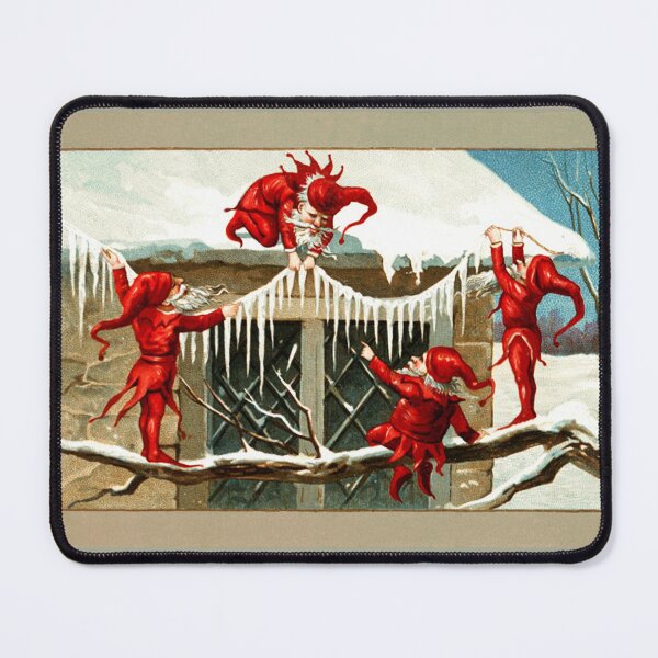 Item preview, RED CHRISTMAS ELVES DECORING HOME WITH ICICLES IN SNOW designed and sold by BulganLumini.