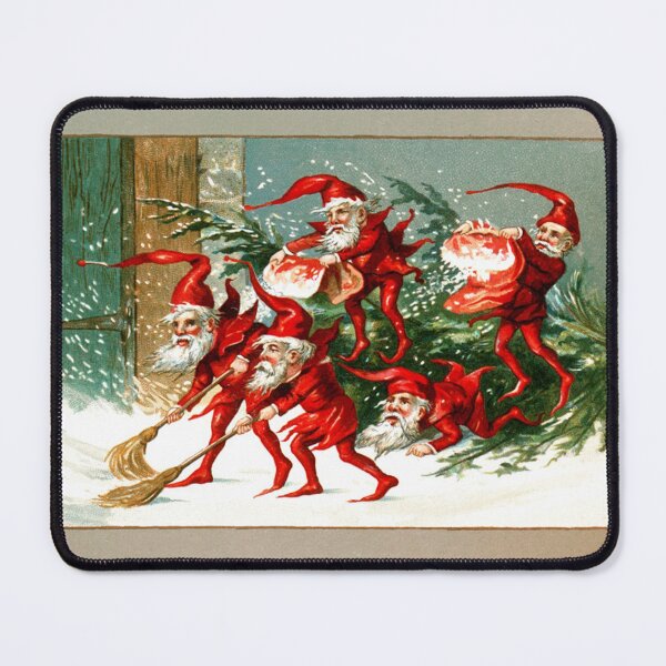 Item preview, RED CHRISTMAS ELVES SWEEPING SNOW designed and sold by BulganLumini.