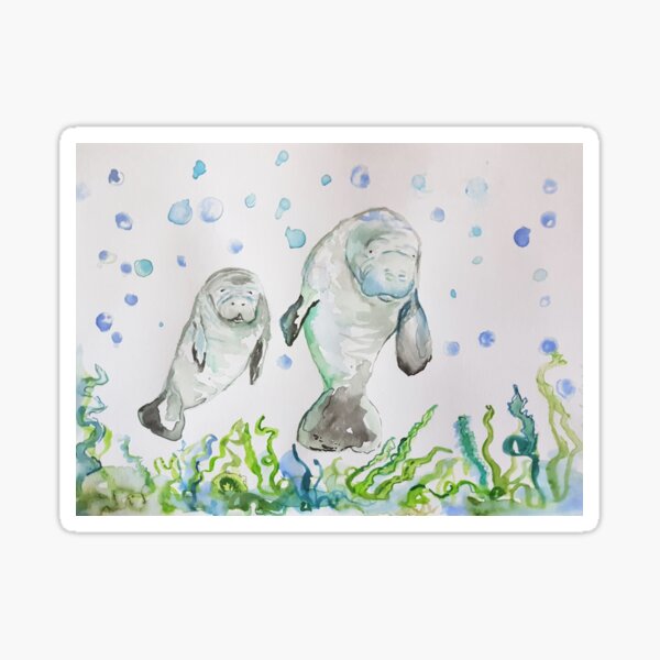Mother Manatee and baby in watercolour art  Sticker