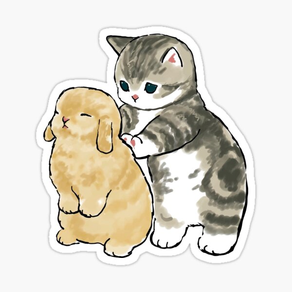 Mofu Sand Cute Cat Drawing Giving A Back Massage To A Little Bunny Sticker