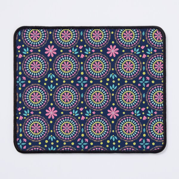 Item preview, Colorful mandalas with flowers pattern. Pink, blue, yellow, orange. Dark blue background.  designed and sold by Zendays.