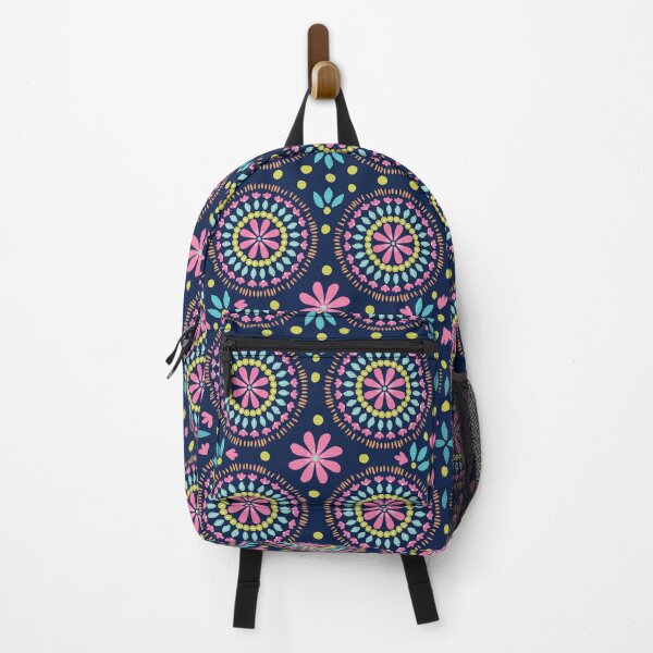 Item preview, Colorful mandalas with flowers pattern. Pink, blue, yellow, orange. Dark blue background. designed and sold by Zendays.