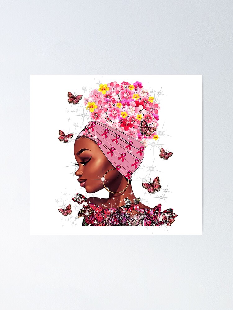 Pink Flowers Afro Hair Black Woman Breast Cancer Warrior T-Shirt